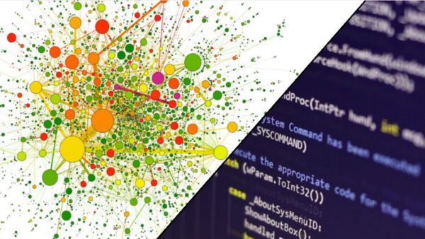 Multicoloured circles connect together. Computer coding.